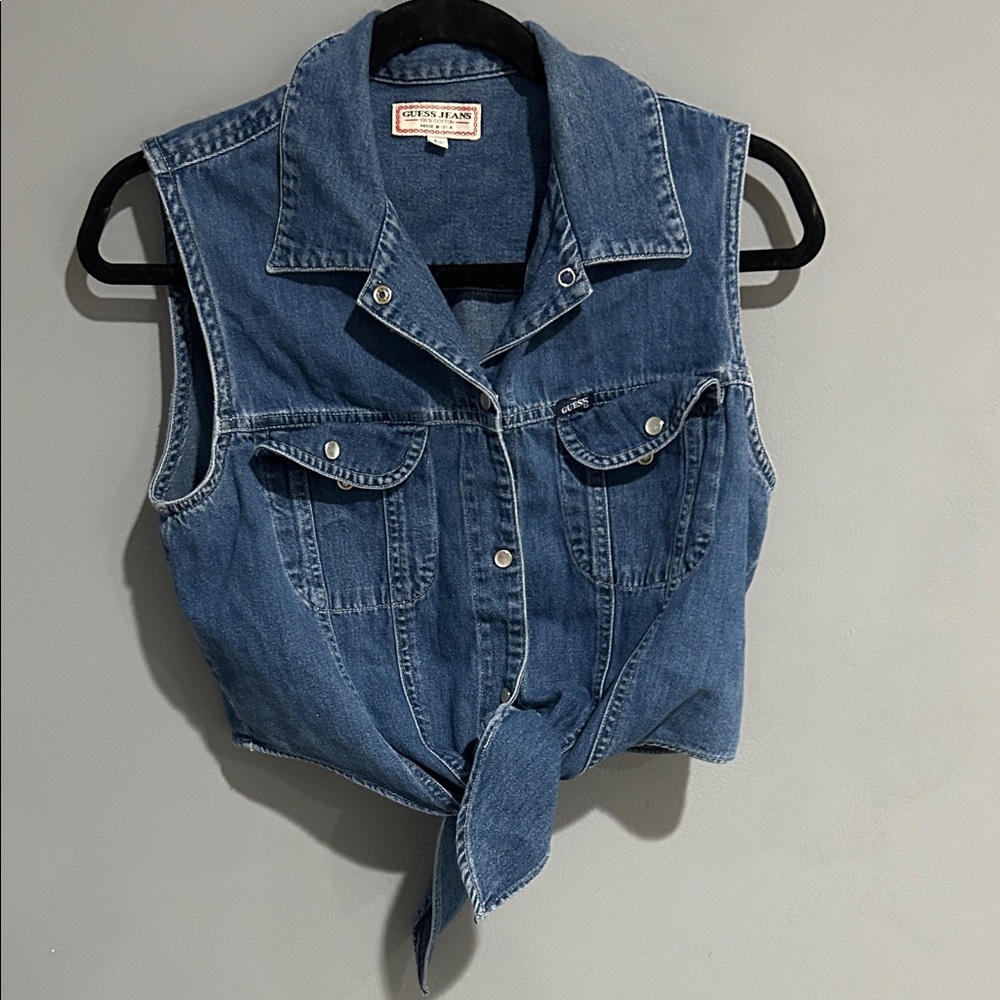 Guess Blue Denim Sleeveless Button Down Shirt
